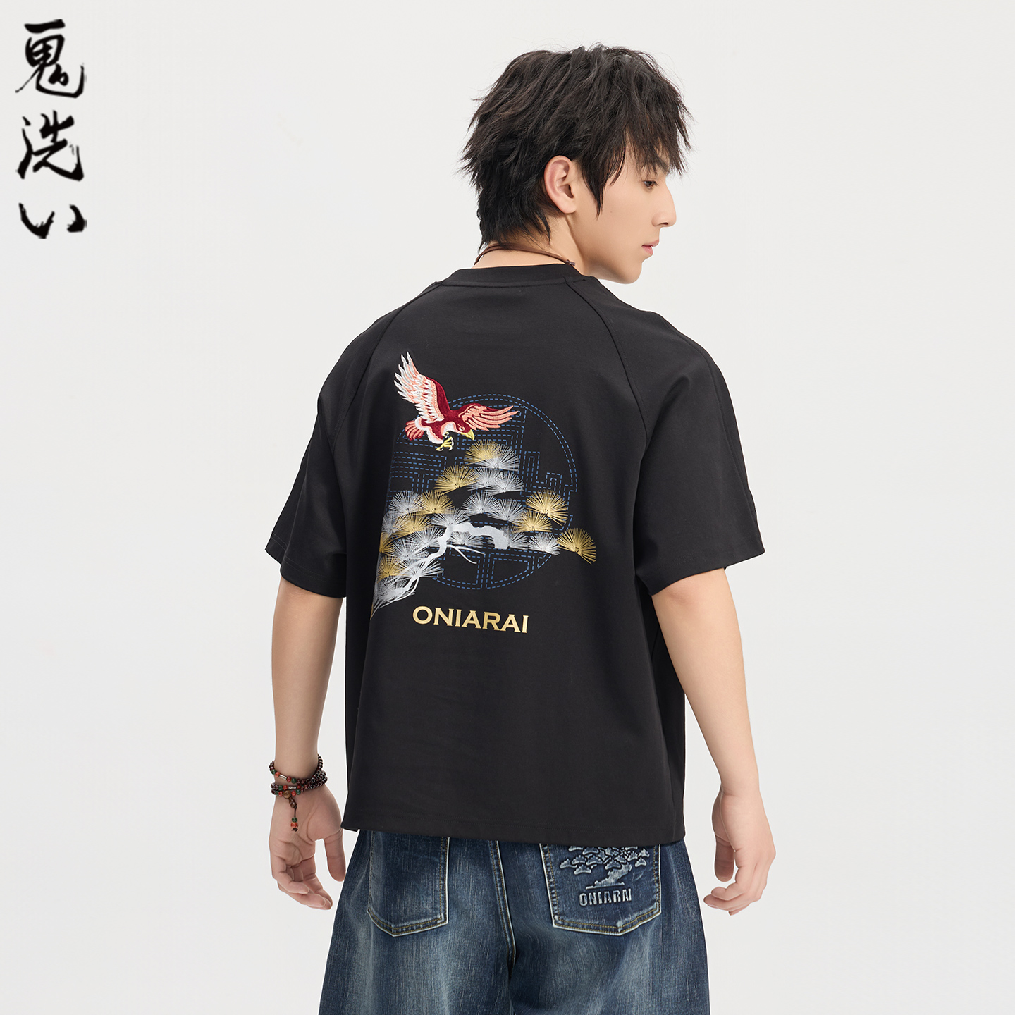 ONIARAI/鬼洗26春夏鬼洗金银常青松老鹰窗花廓形短袖T恤男B840301