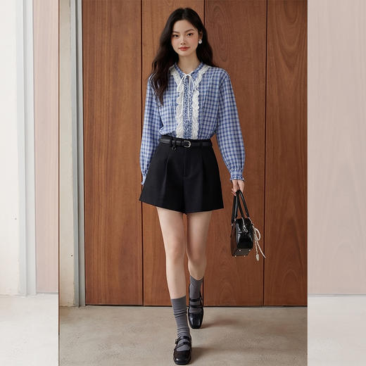 西遇法式灯笼袖蓝色格子衬衫女2026年春季新款设计感蕾丝拼接上衣E0060172 商品图3