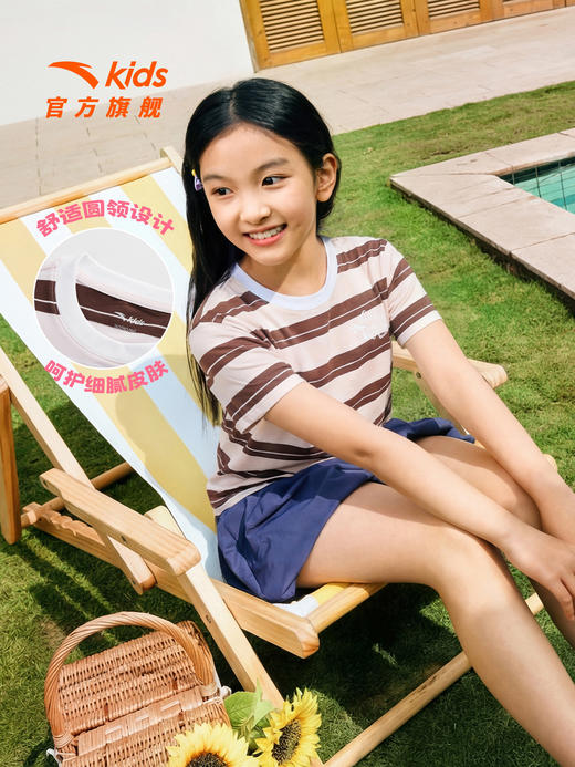 小鹿斑比IP安踏儿童短袖女童短袖衫2026年夏季新款中大童条纹短T 362628129 商品图0