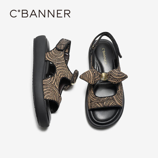 千百度厚底软底休闲凉鞋女2026夏季新款增高度假海边蝴蝶结凉鞋A26381050 商品图4