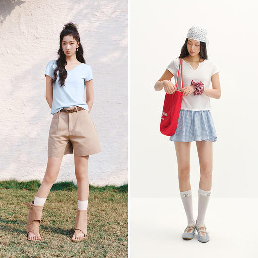 森马短袖T恤女夏季短款修身棉麻纯色正肩套头衫2026新款气质衣服 商品图4