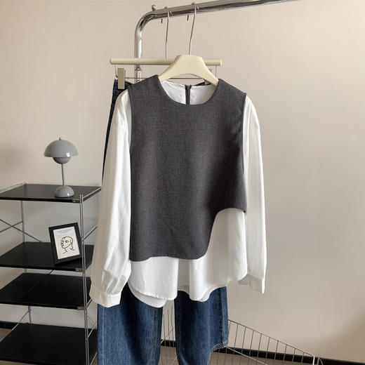 老钱风！拼接假两件西装背心圆领衬衫女春秋韩版气质衬衣外套！ 商品图0