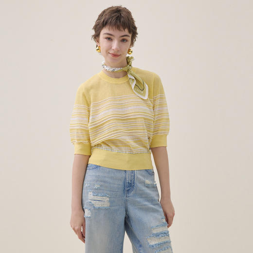 谜底套头针织衫短袖2026夏季新品H型百搭舒适质感毛衣女262MZ0755 商品图0