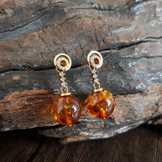 【天然正品】AU750黄金镶钻镶天然约10.5MM花珀琥珀耳坠280226NJT22 商品图4