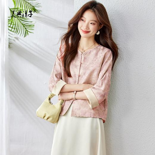 新中式盘扣人丝提花圆领七分袖单排扣外套 商品图2