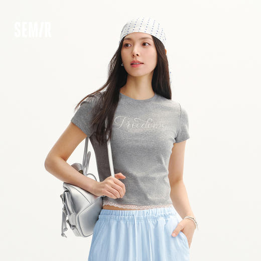 森马短袖T恤女夏季短款蕾丝假两件烫珠字母修身2026新款气质衣服 商品图1