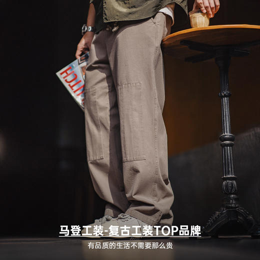 马登工装美式复古灰绿色双膝伐木裤直筒宽松松紧腰休闲长裤子男春 商品图4