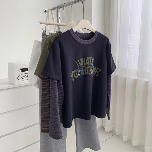 美式复古字母印花条纹长袖！2026假两件T恤女垂感软糯磨毛打底衫! 商品图0