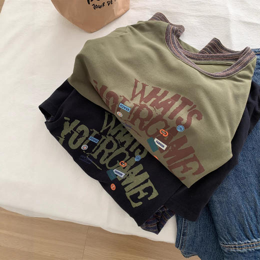 美式复古字母印花条纹长袖！2026假两件T恤女垂感软糯磨毛打底衫! 商品图4