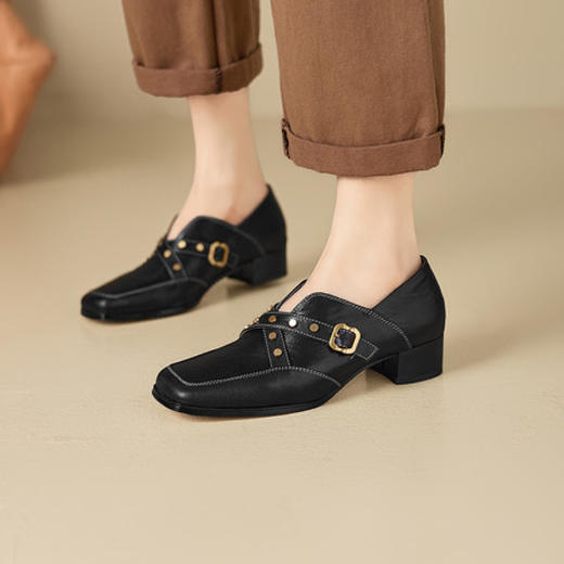 【预售7天】铆钉皮带扣乐福鞋方头中粗跟小皮鞋MBJR&5928 商品图1