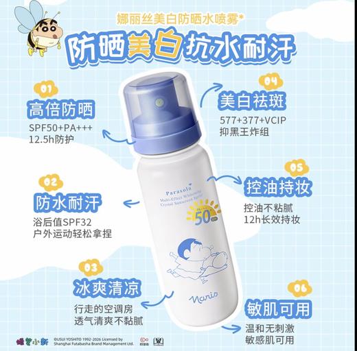 【品牌直发】萌力防护｜『Naris娜丽丝 x 蜡笔小新联名款防晒水喷雾』轻松带上高铁飞机·SPF50+ PA+++高倍防晒·水雾细腻·肤感轻盈·上脸秒成膜·清透不黏腻 商品图4