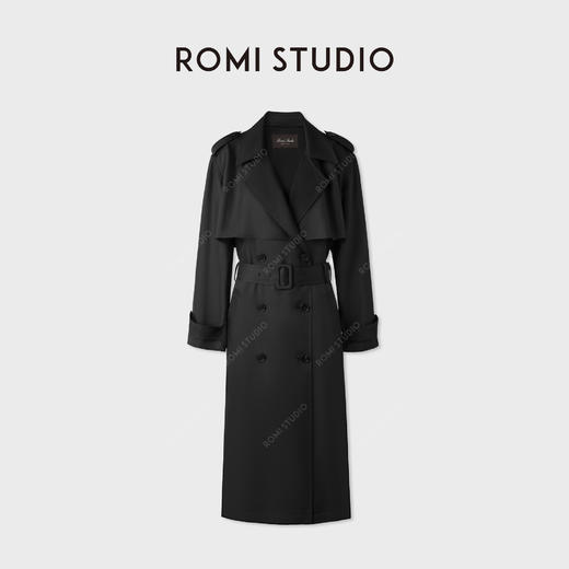 ROMI STUDIO 100%桑蚕丝双排扣翻领收腰长款风衣外套 RWCAWG4751 商品图0