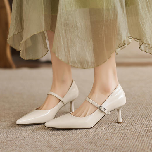 阿么手工女鞋法式气质一字带细跟高跟鞋尖头漆皮浅口单鞋女6.5CM 商品图1