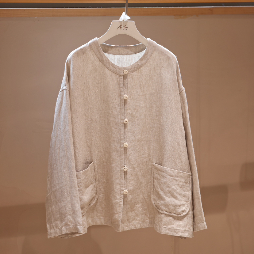 黄阿福 重磅亚麻斜纹圆领开衫