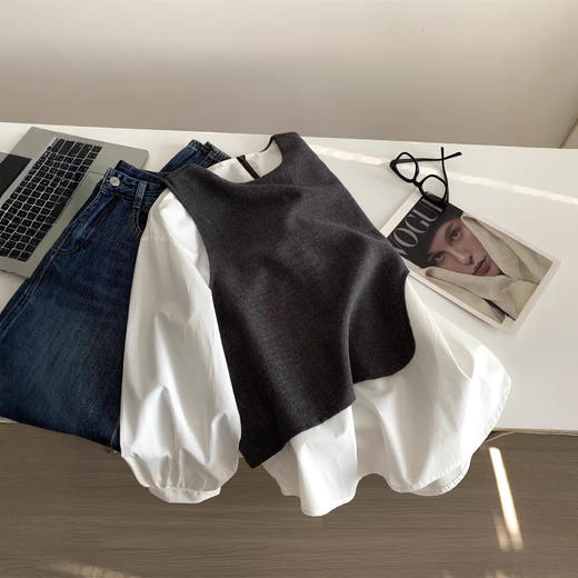 老钱风！拼接假两件西装背心圆领衬衫女春秋韩版气质衬衣外套！ 商品图1