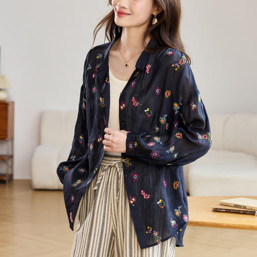 百媚生 纯苎麻刺绣长袖衬衫复古上衣BKDYL2603 商品图0