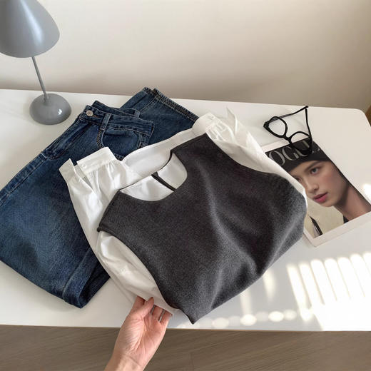 老钱风！拼接假两件西装背心圆领衬衫女春秋韩版气质衬衣外套！ 商品图2