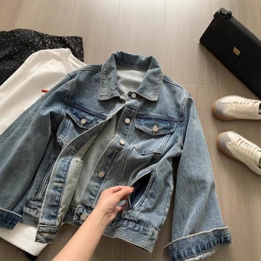重工复古水洗蓝色翻领牛仔短外套女时髦百搭春秋款翻盖夹克开衫 商品图1