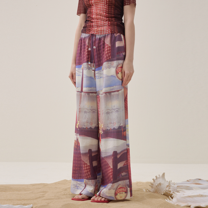 谜底花色阔腿裤长裤2026夏季新品吊坠抽绳度假休闲裤女262MK0634