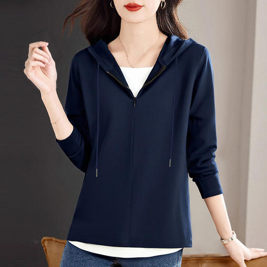 大码假两件连帽长袖上衣女春季新款休闲显瘦女士帽衫撞色宽松T恤 商品图3