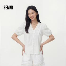 森马短袖衬衫女夏盐缩肌理白色泡泡袖花边V领设计感甜美俏皮衬衣