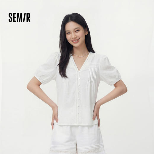 森马短袖衬衫女夏盐缩肌理白色泡泡袖花边V领设计感甜美俏皮衬衣 商品图0