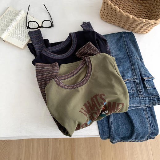 美式复古字母印花条纹长袖！2026假两件T恤女垂感软糯磨毛打底衫! 商品图2