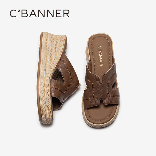 千百度坡跟厚底一字拖女2026夏季新款增高露趾外穿舒适休闲凉拖鞋A26315605 商品图4