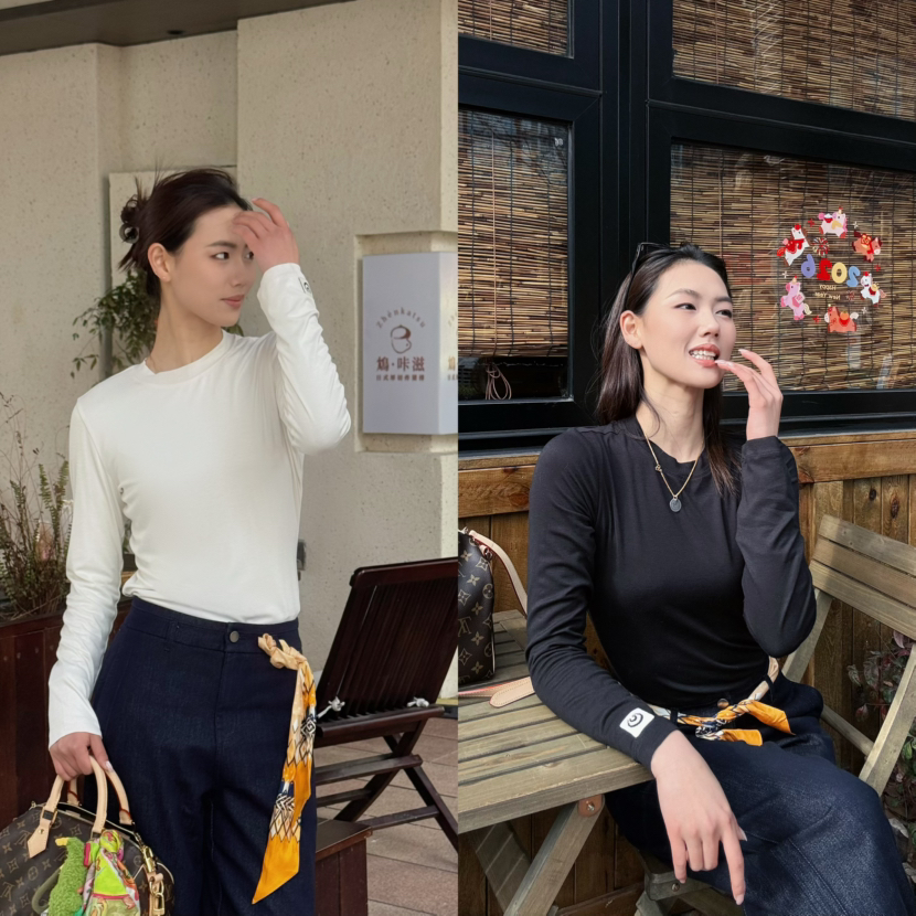 【纸片人系列】噢蜜ooomeooo高弹修身正肩月亮刺绣长袖t“限时赠送丝巾”