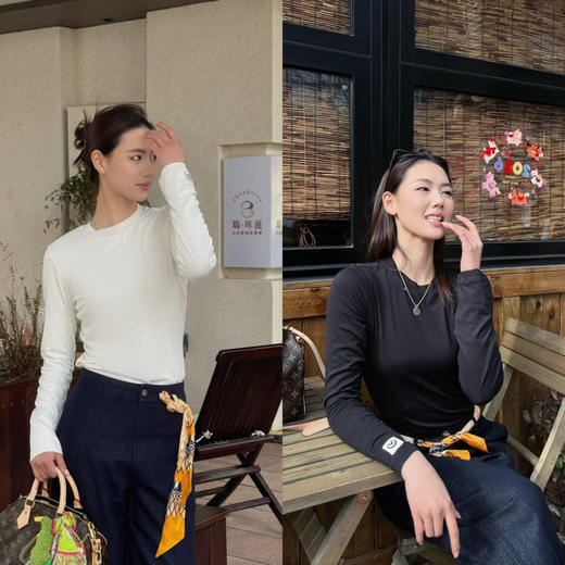 【纸片人系列】噢蜜ooomeooo高弹修身正肩月亮刺绣长袖t“限时赠送丝巾” 商品图0