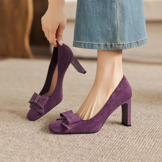 阿么手工女鞋2026春季优雅蝴蝶结浅口单鞋百搭新款气质高跟鞋8CM 商品图1