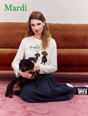 2026早春长袖打底衫腊肠小狗印花上衣薄款T恤女圆领雏菊卫衣棉