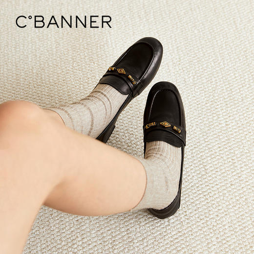 千百度轻奢羊皮乐福鞋女2026春季新款黑色豆豆鞋薄底平底深口单鞋A26169721 商品图0