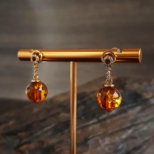 【天然正品】AU750黄金镶钻镶天然约10.5MM花珀琥珀耳坠280226NJT22 商品图3