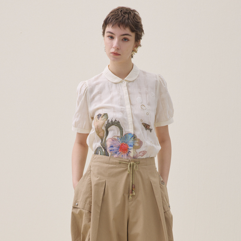 谜底刺绣衬衣短袖2026年夏季新品泡泡袖艺术复古衬衫女262MC0460