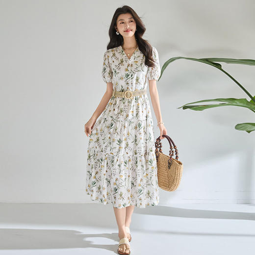 「高货sh」全新升级【铂金会员266/天猫359/差价93】(05358)洛诗琳气质泡泡袖碎花连衣裙2026新款V领收腰中长A字裙女 商品图0
