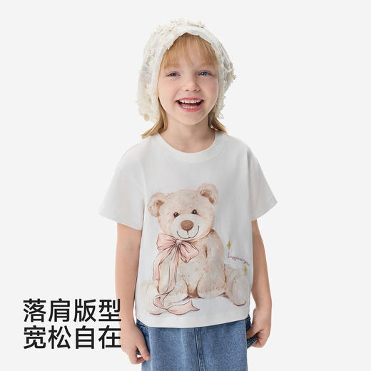 英氏儿童衣服女童夏季百搭短袖圆领T恤纯棉白色卡通休闲套头衫 商品图3