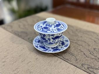 柴窑青花鱼藻纹盖碗 商品图0