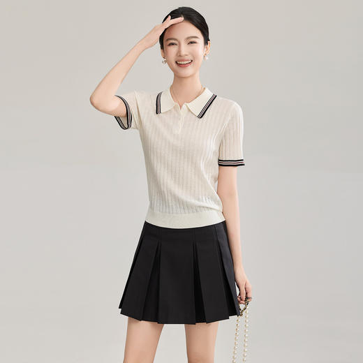 「高货wl」全新升级【铂金会员183/天猫249/差价66】(04717)洛诗琳密织宽条羊毛混纺上衣2026新款经典撞色翻领针织T恤 商品图0