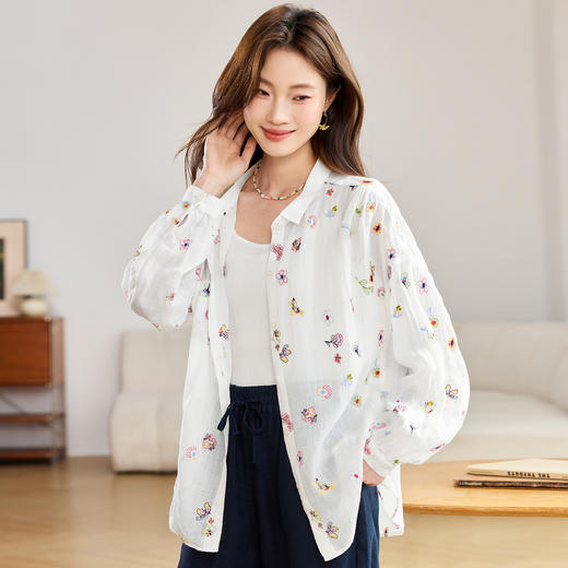 百媚生 纯苎麻刺绣长袖衬衫复古上衣BKDYL2603 商品图2