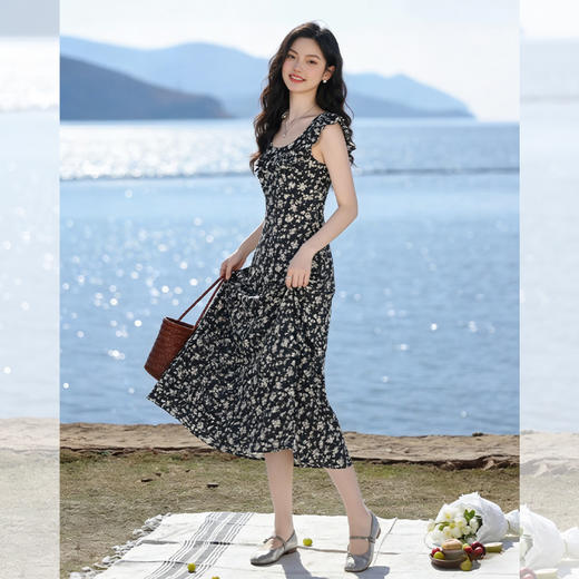 西遇黑色碎花连衣裙女2026年春夏新款v领荷叶边无袖设计感长裙E0060176 商品图2