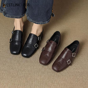 【限时秒杀】西遇复古英伦风乐福鞋女2026春季新款布洛克雕花内增高平底小皮鞋V0166279