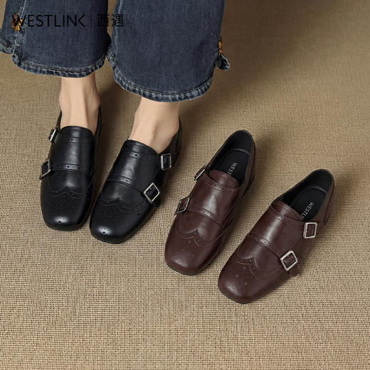 【限时秒杀】西遇复古英伦风乐福鞋女2026春季新款布洛克雕花内增高平底小皮鞋V0166279 商品图0