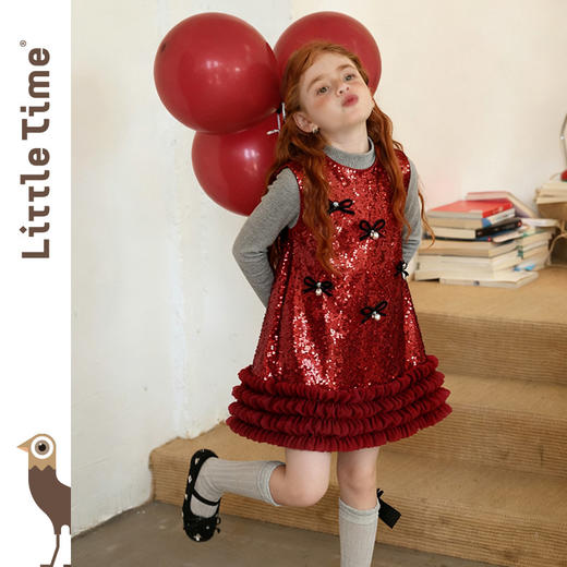 littletime女童连衣裙2025秋冬新款红色亮片蝴蝶结加绒花边公主裙 商品图2