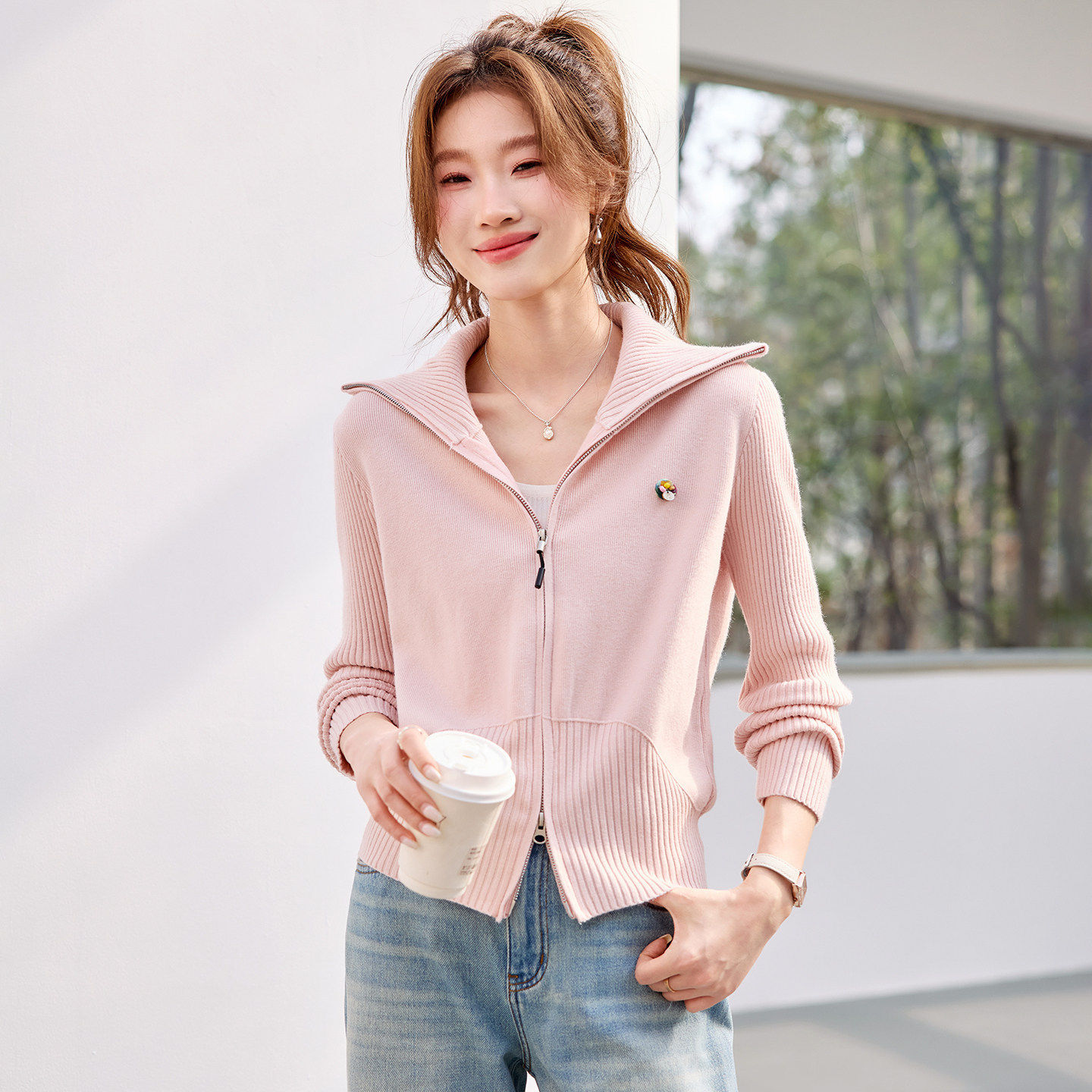 「自」全新升级【铂金会员183/天猫249/差价66】(13509)洛诗琳高级感拉链针织开衫2026春季翻领小个子百搭短外套