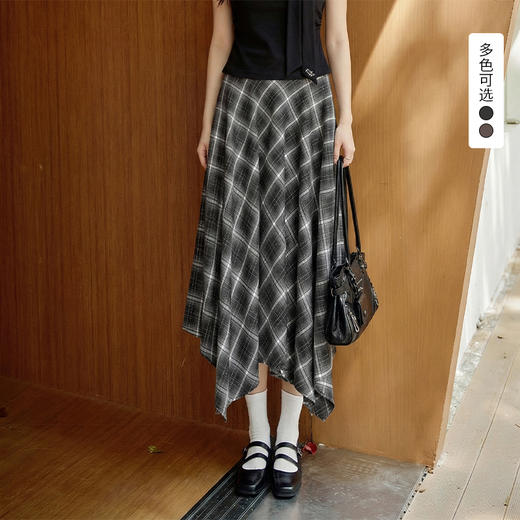 西遇学院风格子半身裙女2026年春季新款气质不规则中长款大摆裙E0060185 商品图0