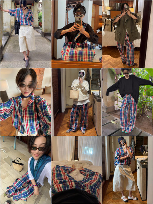 hidemi副线小h 小男孩色织格纹有机棉休闲宽松长袖衬衫外套长裤包方巾四件套 商品图1