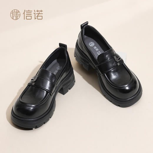 英伦风真皮乐福鞋女厚底一脚蹬百搭皮鞋黑色单鞋X6C161-12 商品图1