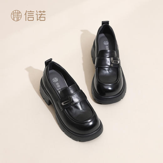 英伦风真皮乐福鞋女厚底一脚蹬百搭皮鞋黑色单鞋X6C161-12 商品图2
