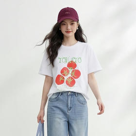 西遇白色短袖T恤女2026年春季新款圆领番茄印花韩系少女宽松上衣E0060173